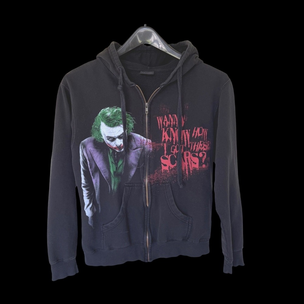 The Dark Knight Joker Zip Up Hoodie Black Heath Ledger Scars Small DC Comics